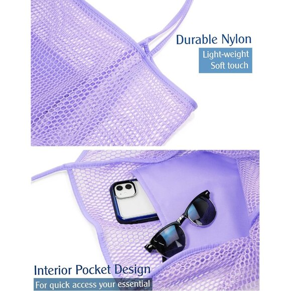 Women's Lavender Mesh Beach Nylon & Polyester No-closure Tote Shoulder Handbag - Picture 5 of 6